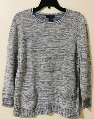 Suéter tejido Chaps para mujer mezcla de algodón lino bolsillos talla L manga larga blanco azul Foto 1 de 4