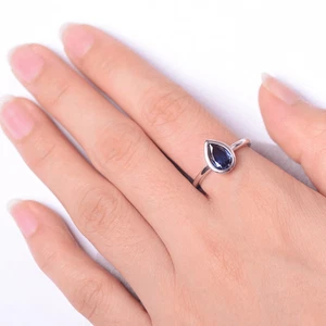Blue Sapphire 925 Sterling Silver Ring For Women Lab Created Gemstone Pear Cut - Picture 1 of 5