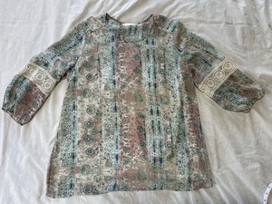 Krazy Kat Boho Tunic Blouse – Pink Teal Paisley Print w/ Crochet Detail – Size L - Picture 1 of 6