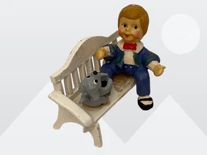Vintage 80's Little Boy & Pet Dog Sitting on a Wood Bench 3.25" Figurine Taiwan - Picture 1 of 10