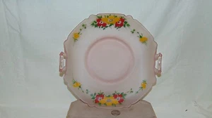 PINK GLASS CANDY DISH WITH HANDLES WITH RED AND YELLOW FLOWERS HAND PAINTED - Picture 1 of 11