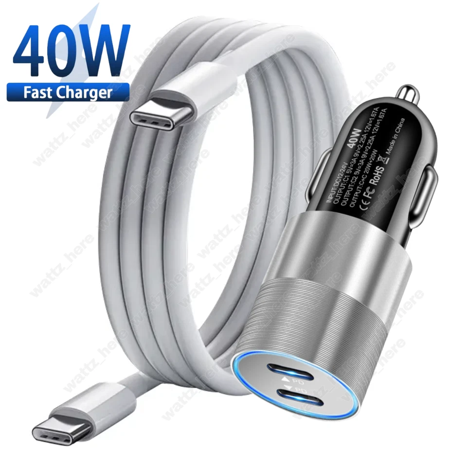 Dual Type C PD Fast 40W Car Charger Adapter Cable For iPhone 15 Pro Max Samsung - image 1 of 4