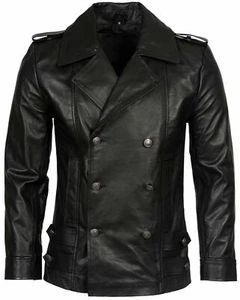 Mens Classic German Navy Military Peacoat Black Cowhide Leather Jacket - Picture 1 of 4