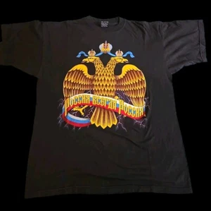 Vintage 90er russischer Teximport Doppelkopf Adler T-Shirt schwarz Herren Größe Large  - Bild 1 von 4