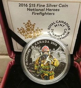 Moneda de Canadá de color plata pura de 3/4 oz 2016 de bomberos de los héroes nacionales - Imagen 1 de 2