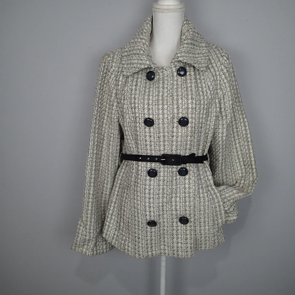 Abrigo Chaqueta WHBM TALLA L Blanco Negro Tweed Cinturón Seda Lana Bl  Foto 1 de 4