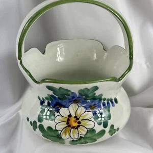 Vintage Planter Pot With Handle 7” Floral Pottery Made In Italy - Picture 1 of 7