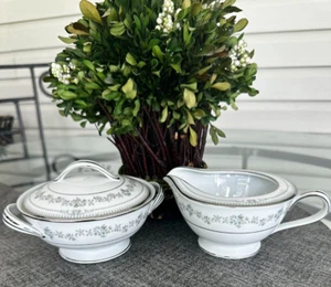 Noritake "Norwood" Cream & Lidded Sugar with handles Set Floral & Platinum Dis - Picture 1 of 8