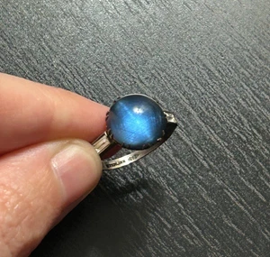Vintage Clark and Coombs Sterling Silver Blue Star Glass Cabochon Ring Size 4 - Picture 1 of 13