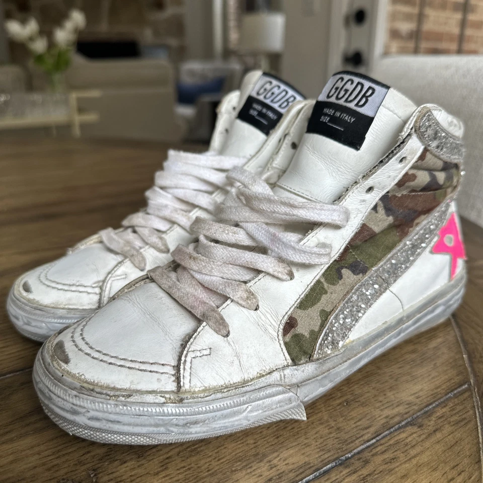 Golden Goose Slide 双 25 美分白色皮革迷彩闪光粉色星星 37 码 — 第 1/4 张图片