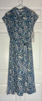 Lucky Brand Fit & Flare Dress Women's Medium Blue Floral Belt Waist Half Button Foto 1 de 4