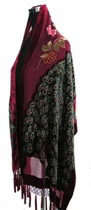 Handmade Stunning Beaded 100% Silk Velvet PEACOCK Oblong Shawl Wrap, Burgundy - Picture 1 of 3