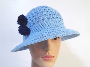 CROCHET SUNHAT WIDE BRIM LIGHT BLUE COTTON 1 SIZE WEDDING BEACH RACES PACKS FLAT - Picture 1 of 4