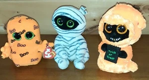 Lot of 3 Ty Beanie Boo Halloween Stuffed Toys Ghoulie Tatters Mummy Grimmer - Picture 1 of 5