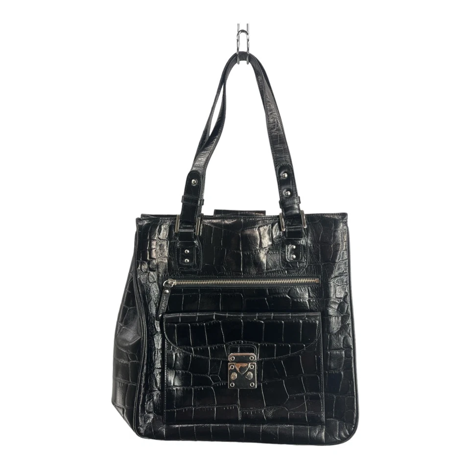 Bolsa tote Nordstrom feminina preta estampa animal couro de crocodilo quadrada magnética P - Imagem 1 de 4