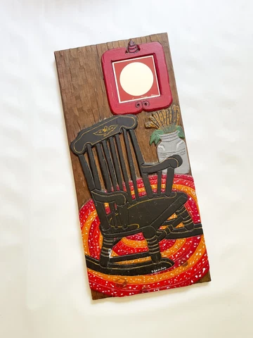 Vtg FOLK ART SIGNED CARVED Wood Hitchcock Rocking Chair WALL MIRROR primitive Cover
