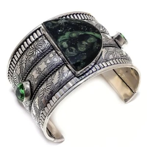 Galaxy Jasper, Peridot Gemstone 925 Silver Plated Cuff Bracelet Adjustable - Picture 1 of 1