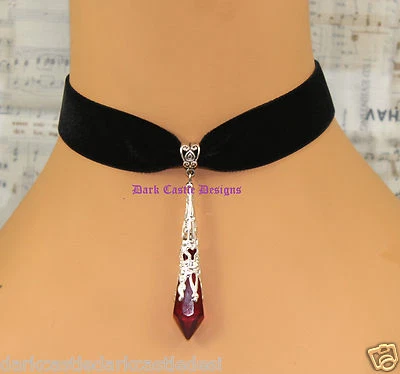 black velvet choker necklace red,purple glass vampire drop goth wiccan pagan  - Image 1 of 4