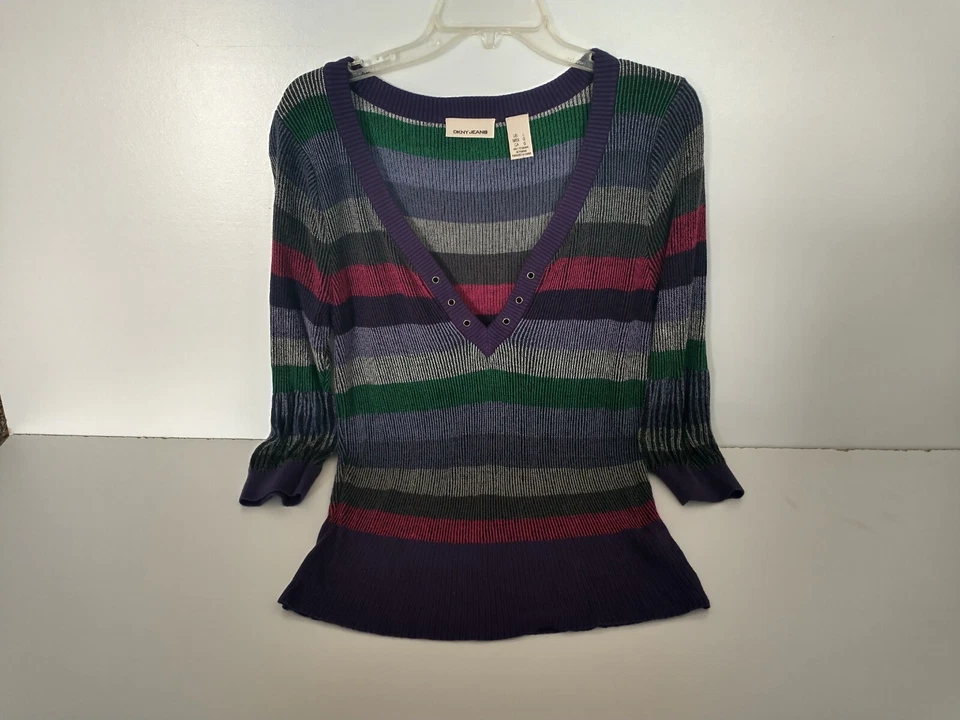 Suéter vintage Y2K DKNY para mujer gris/rosa/púrpura a rayas acanalado cuello en V talla L Foto 1 de 4