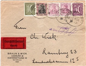 DR 1921, 10+4x50 Pf. auf portorichtigem Eilboten Brief m. BP Hamburg-Flensburg - Bild 1 von 3