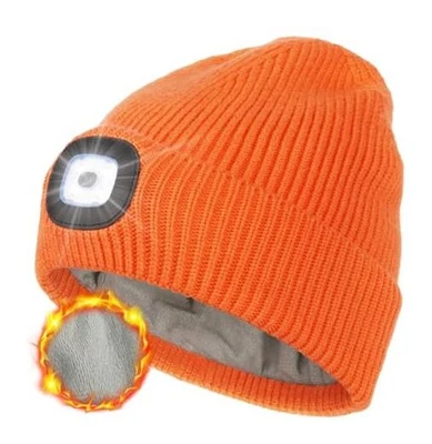  Winter Fleece Lined LED Beanie, USB Rechargeable Hand Free One Size Orange - Image 1 of 4