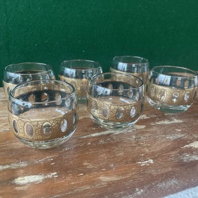 SIX (6) Vintage CULVER PIZA PISA 2.25" TALL COCKTAIL ROLY POLY GLASSES Gold - Image 1 of 4