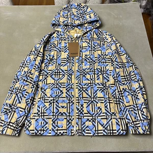 Burberry Jacket Mens Large Beige Logo Print Vintage Check Hooded Windbreaker - Picture 1 of 9