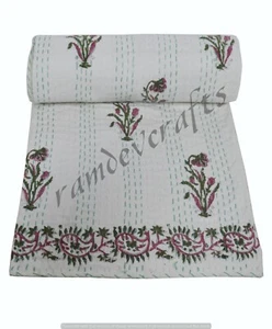 Indian Cotton Kantha Quilt Twin Handmade Print Bedding Bedspread Blanket Throw - Picture 1 of 6