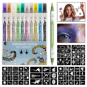 Temporary Tattoo Markers for Skin, Skin-Safe Dual-End Temporary Tattoo Pen,10 Co - Picture 1 of 7