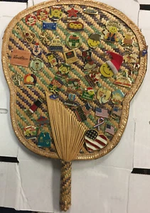 Lot of Vintage Walmart Pins Pinback ~ Over 40 Pins on Rattan Fan - Picture 1 of 6