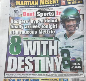 🏈🏈🔥9/11/23 NY POST NY JETS STAR QB AARON ROGERS COVER PAGE “8 WITH DESTINY” - Picture 1 of 2