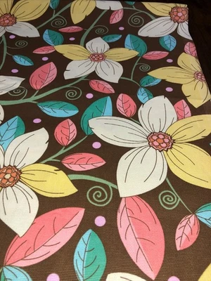 62 x 45" Fabric Traditions Floral 2005 Yellow Pink Green Flowers on Brown Cotton - Image 1 of 4