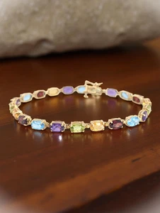 BRACCIALE TENNIS ESTATE JEWELRY ORO GIALLO MASSICCIO 14K 6,75" MULTI-GEMMA #7835 - Foto 1 di 4