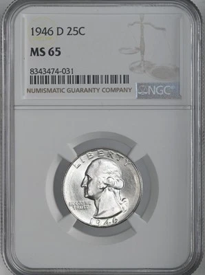 1946-D  25C WASHINGTON SILVER QUARTER "DENVER MINT" NGC MS65 #8343474-031 - Image 1 of 4