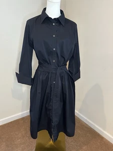Lands’ End Dark Navy belted Shirtdress Women’s 10 Stretch Poplin Midi Buttons - Picture 1 of 12