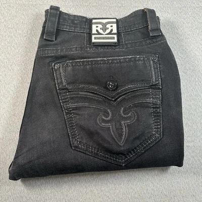 Pantalones de mezclilla ROCK REVIVAL para hombre 42 x 27 negros relajados cónicos puntada gruesa dobladillo usados en excelente estado Foto 1 de 4