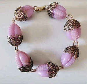 Vintage Lavender Molded Celluloid & Silvertone Filigree Bracelet, 7" Long - Imagen 1 de 6