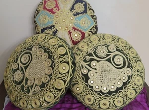 RARE LOT 3 VINTAGE MOROCCAN BOHEMIAN MIRRORED HAND EMBELLISHED PILLOWS - Picture 1 of 5