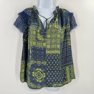 Blusa Boho Anthropologie Current Air L Azul Retazos Cuello Volantes Manga de Encaje Foto 1 de 4