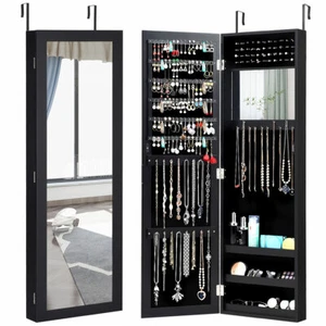 Mirrored Jewelry Cabinet Armoire Storage Organizer Wall Door Mounted Black New - Picture 1 of 12