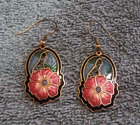 Vintage Cloisonne Goldtone & Enamel Flower Dangle Pierced Earrings