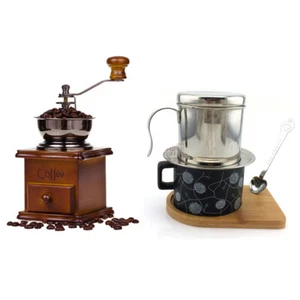 Wooden Manual Bean Coffee Hand Grinder Mill Steel Filter Kettle Ceramic Cup Set - Picture 1 of 10