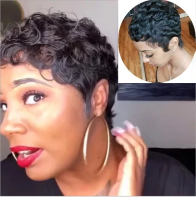 Pelucas de cabello humano onda corte pixie corto 100 % cabello humano sin encaje natural para mujer Foto 1 de 4