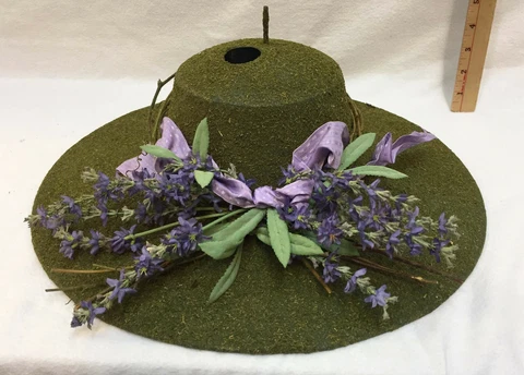 Bird House Decorative Ladies Hat Style Faux Moss Floral Wall Hanging 16" Metal Cover