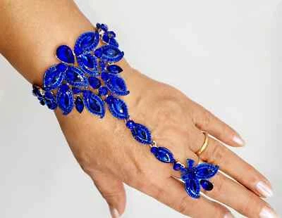 Royal Blue Crystal Bracelet Slave Cuff and Attached Ring Set jewelry Hand Ring - Image 1 of 4
