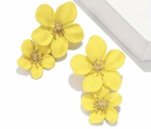 Yellow Enamel Double Large Flower earrings Pierced boho 💛 2 Inch Drop Petals