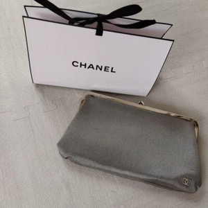 CHANEL Frame Clutch Mademoiselle Line with Pouch Plain Silver Gray Women's Used - Picture 1 of 7