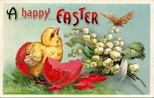Hatched Chick pink shell Butterfly Lily of the Valley Happy Easter Postcard Gel - Picture 1 of 2