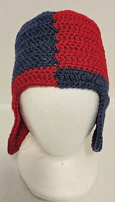 New Toddler Childrens Handmade Blue Red Crochet Skull Beanie Ear Flap 18" Head - Image 1 of 4