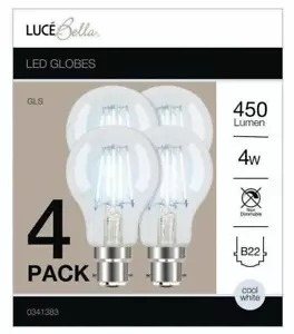4x Luce Bella 4W LED Light Globes Glass Bulbs Clear Cool White 4000K BC B22 E27 - Picture 1 of 6